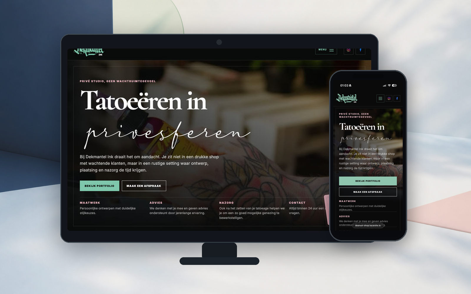 Website van Dekmantel Ink op desktop en mobiel